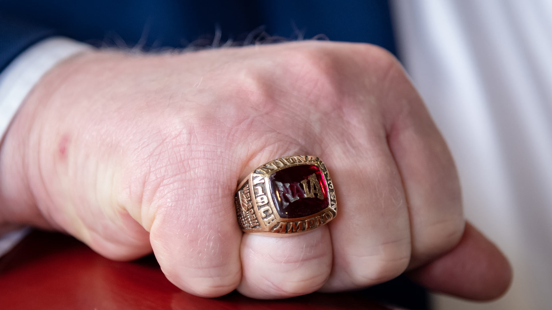 The NAIA champion ring worn by Niel Welborn ‘75, who was the manager on the men’s basketball team.